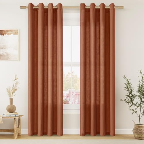 Lot de 2 panneaux de rideaux semi-transparents en lin terre cuite rustique avec œillets filtrant la lumière pour salon, salle à manger, chambre à coucher, style rustique - 213,4 cm de long