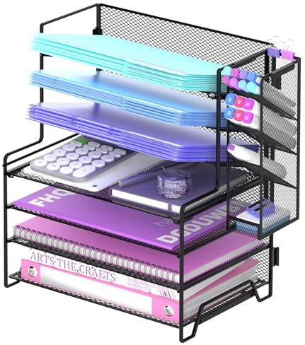 ReePlan Schreibtisch Organizer 7 Ebenen – Metall Briefablage mit 4 Flachen & 3 Geneigten Ablagen, Papier- & Dokumentenhalter mit Abnehmbarem Stiftehalter, Platzsparender Büro Organizer, Schwarz