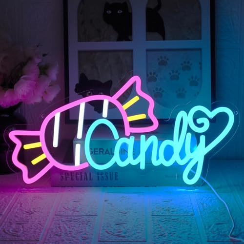 UExnkj-Y Candy Neon Schild Süßwarenladen Led Neonschild Led Halloween Neon Schild Wand USB Leuchtreklame für Candy Shop Candybar Deko Kaffee Restaurant