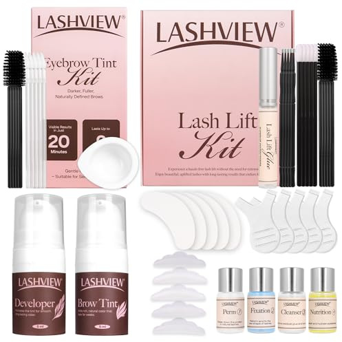 LASHVIEW Lash Lift and Eyebrow Kit, Professional Eyelash Perm Kit and Eyelash & Eyebrow Set Quick Lifting & Voluminous Coloring Gifts for Women Salon Grade Home DIY(Brown)