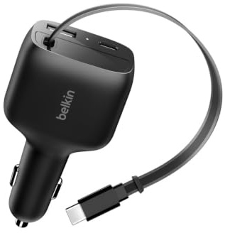 Belkin Kfz Ladegerät USB C 75W mit einziehbarem 75cm USB-C Kabel – iPhone Auto Ladegerät, kompatibel mit iPhone 17 und 16 Serie, Galaxy S25, AirPods, Tablet, MacBook, Chromebook, usw. – Reisezubehör