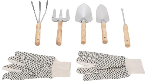 Acouto Pitchfork 6 Teile, Handwerkzeuge aus Edelstahl mit Holzgriffen, Leinwandhandschuhe für Innen- und Terrassengarten -Gartenwerkzeugset mit Gartenwerkzeugset
