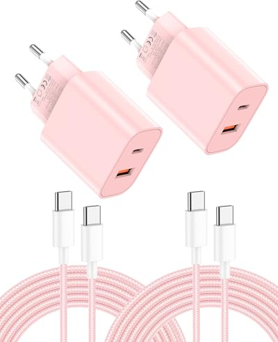 2Pack Caricabatterie USB C da 20W, caricabatterie telefono a due porte, ricarica rapida con cavo USB C da 2m,per i Phone 17 Pro Max/16/15/14/13/12,per Galaxy,Pad,ecc rosa
