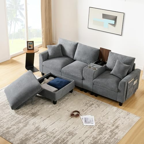 Sofá Convertible, Moderno sofá esquinero en Forma de L con Consola, 2 portavasos, Puertos de Carga USB, Compartimentos y Cojines en los reposabrazos, Tela de Pana. (Gris)