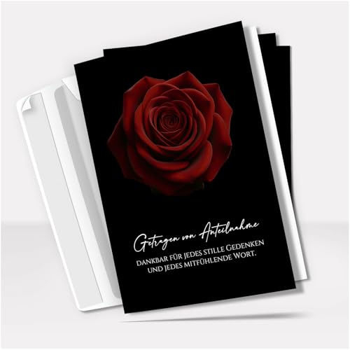 Danksagung Trauer mit Text | 10 Danke Klappkarten mit Umschlag | Rote Rose Dunkel | Dankeskarten | Trauerkarten Danksagungskarten A6 Faltkarte | Doppelkarte