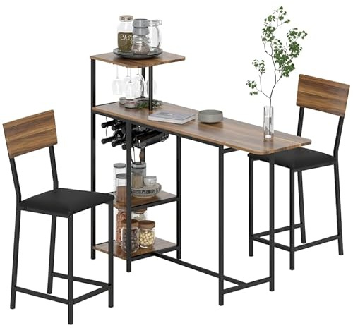 VSOGA Bbord med barstolsset, 3 delar. Barbord set med fällbart köksbord, vinglashållare vinhylla hylla 2 barstolar, stålram, modern, matgrupp för matsal, kök, brun
