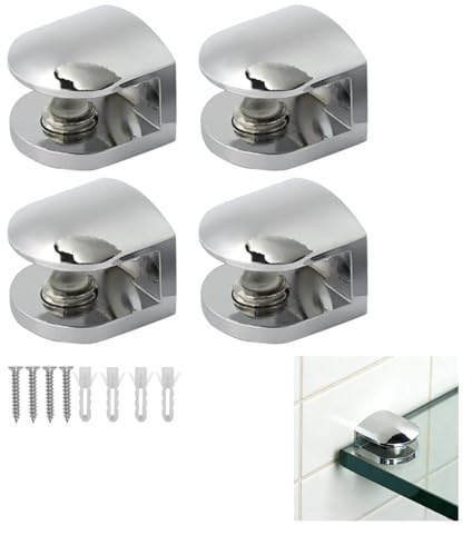 4 Pièces Pince à Verre Réglable, Support d'Étagère en Verre Réglable, Fixation pour Verre, Pinces à Verre, Pince de Support de Verre, Compatible pour Salle de Bain, Cave, Hôtel et Maison