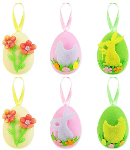 TaoQ C 6 Stück Ostereier zum Aufhängen Bunte Ostereier Aufhängen Schaumstoff-Osterei-Aufhänger mit Schnur Filz Häschen Hühnchen Blume für Baum Party Zuhause Fest Dekoration