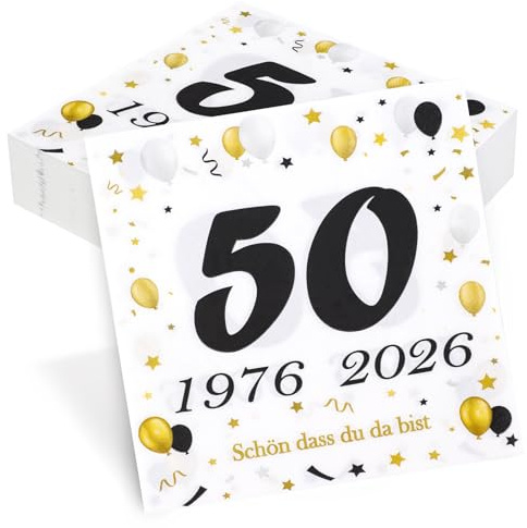 50 Stück Servietten 50. Geburtstag, Seutgjie 50 Geburtstag Deko 1976-2026 Goldene Hochzeit Jubiläum Tischdeko Schwarz Gold Tisch-Deko Party Gedeckter Tisch