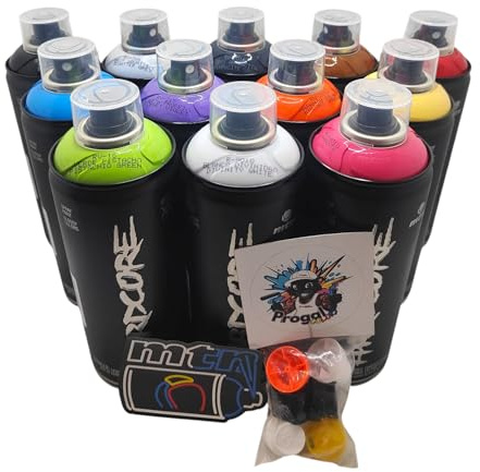 MTN Hardcore Vernice spray 12 colori assortiti 400 millilitri per graffiti e arte urbana, con 6 ugelli di ricambio + 1sticker MTN