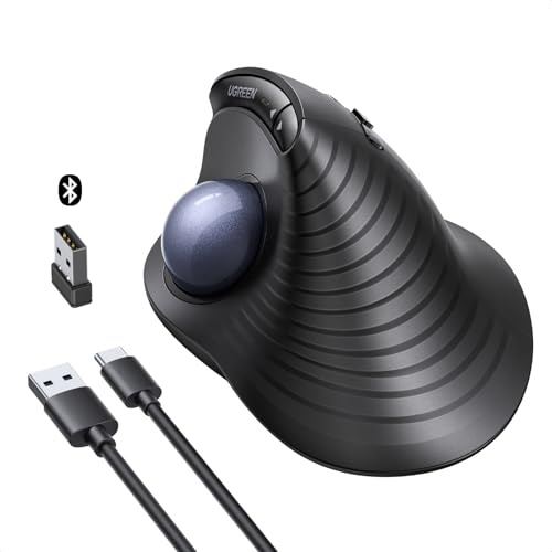 UGREEN Trådlös Trackball-mus, Uppladdningsbar Ergonomisk Bluetooth-mus med Fingerkontroll, Ultrasnabb Scrollning, 2.4G & Dubbel Bluetooth