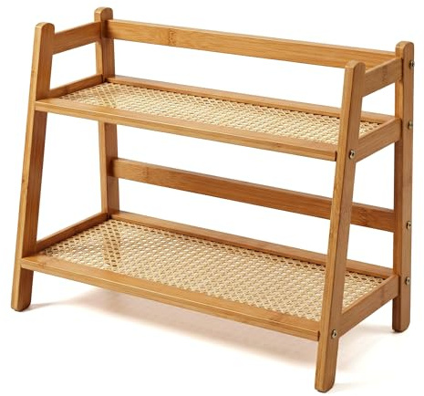 Organizador de Cocina de 2 Niveles en Bambú, Organizador Armario Cocina de Bambú Natural, Soporte para Tazas, Estante Para Especias Multifuncional para el Hogar, Oficina, Cafetería (39x29x18 cm)