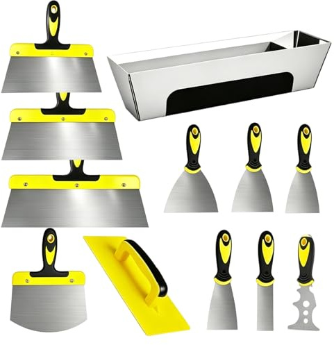 Sackelset, 12 stycken spatelverktyg av rostfritt stål med plasthandtag, ytspatel, gipsverktyg, målningspackel 350–25 mm, tapetspatel med spatellåda, gipsknivset