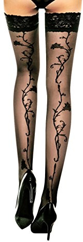 PrettyLoveHose Bas Voile Noir Dentelle Motif Liseron Tatouage Auto-Fixant