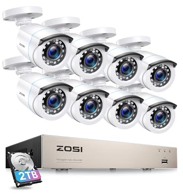ZOSI 8CH 5MP Lite H.265+ DVR avec Disque Dur de 2To 8 Caméras de Surveillance Extérieure IP66 1080p 24 m Vision Nocturne Détection de Mouvement et Alerte Instantanée App Gratuite