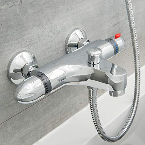 SCHÜTTE 52440 SUPRA Thermostat Wannenbatterie, Thermostatarmatur Badewanne, Thermostat-Brausebatterie, Badewannenarmatur, Mischbatterie Bad, Brausethermostat, Chrom