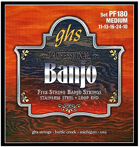 GHS Professional - PF180 - Banjo String Set, 5-String, Loop End, Stainless Steel, Medium, .011-.024