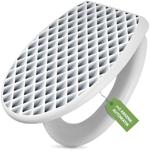 banjado Toilettendeckel mit Absenkautomatik 44,5x37cm - Soft Close Toilettensitz - WC Sitz mit Absenkautomatik - Klodeckel aus Duroplast mit Edelstahl Scharnieren, einfache Montage - Motiv Raster 3D G