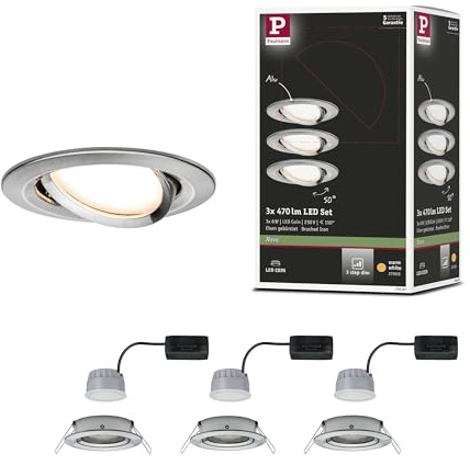 Paulmann 93483 LED Einbauleuchte 3-Step-Dim Nova Coin Basisset schwenkbar rund 84 mm 50° Coin 3x6W 3x470lm 230V dimmbar 2700K Eisen gebürstet