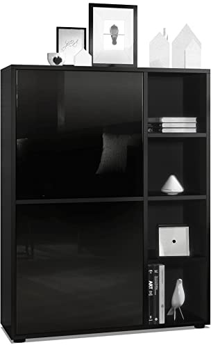 Vladon Highboard Schrank Anrichte Cuba mit 8 Fächern, Made in Germany, Korpus in Schwarz matt/Fronten in Schwarz Hochglanz