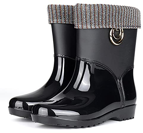 Hmpet l'hiver Femme Bottes,Bottes De Pluie Femme Fantaisie,Botte Caoutchouc Femme,Doublure Amovible,Jardin À Enfiler Talons Plat,Impermeable,Antidérapant,Noir,37