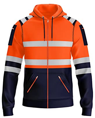 trending babz New Mens Hi Vis Hoodie Safety Work Sweatshirt Reflective Tape High Viz Hoodie High Visibility Pullover Sweatshirt Top Multi Zipped Pockets S/2XL