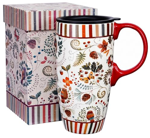 DUSVALLY 17oz Ceramic Travel Mug with Lid, Woodland Bird Coffee Mug with Handle, Large Tea Cup, Microwave & Dishwasher Safe, Gift Box Included