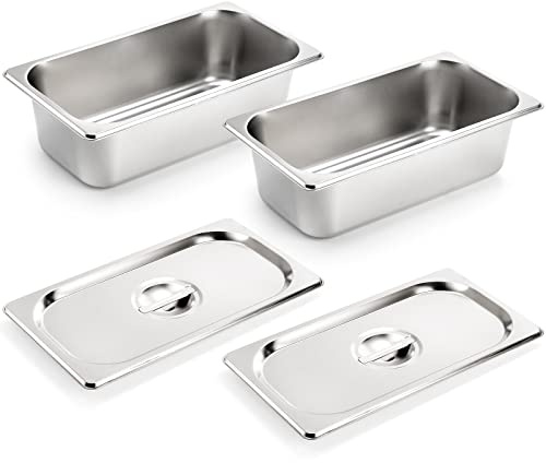 Kingrol 2 Pack 1/3 Size Hotel Pans with Lids, 3-5/8 Depth, 22 Gauge Steam Table Pan, Stainless Steel Counter pan, Food Service Pan for Kitchen