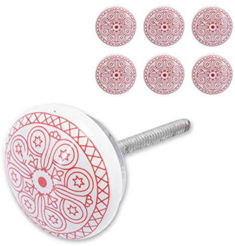 Decorasian Keramik Knöpfe für Möbel - Vintage Griffe für Schubladen und Schranktüren - Möbelknauf bzw. Schrankknopf oder Schubladenknopf – Ornament orientalisch - Rot, 6 Stück