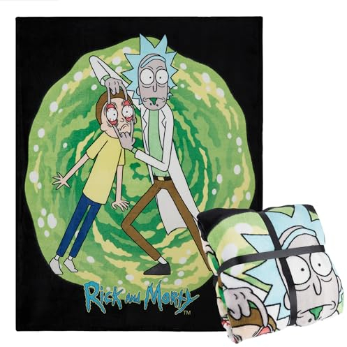 RICK AND MORTY Coperta Pile - Plaid Divano 150x130cm - Coperta Letto Singolo Coperte Calde e Morbide Gadget Regalo (Verde/Nero)