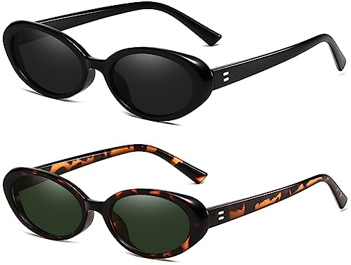 Breaksun Lunettes de soleil ovales rétro pour homme et femme - Petites lunettes de soleil ovales tendance des années 90 - Nuances, Lot de 2 (A1 noir/gris + léopard/G15), MM