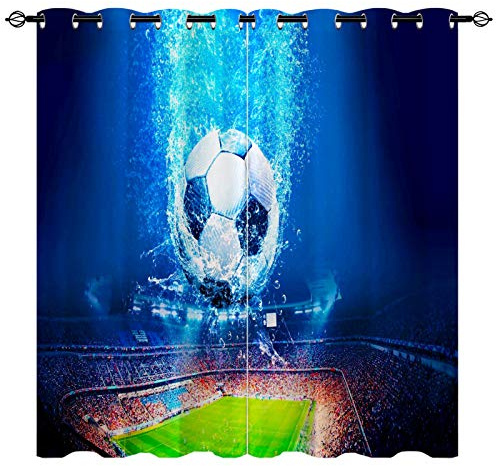 YUANZU Fußball Sportfeld Vorhänge Blaue 3D Muster Ösen Gardinen mit Blickdichte Thermo Vorhang Kälteschutz Blackout Curtain Kinderzimmer Schlafzimmer Verdunkelung Fenster, 2 Stück, H 137 x B 132 cm