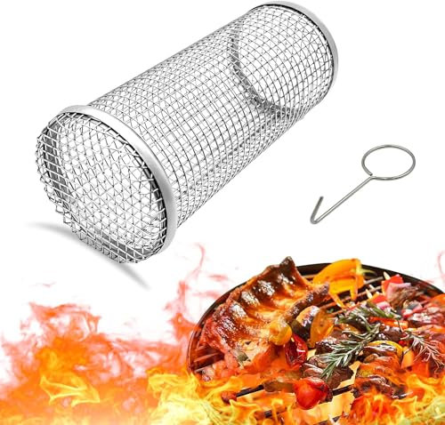 Rolling Grill Basket, BBQ Grill Basket, Stainless Steel Cylindrical Outdoor Barbecue Grill Basket for Cooking Veggies, Fish, Meat, French Fries