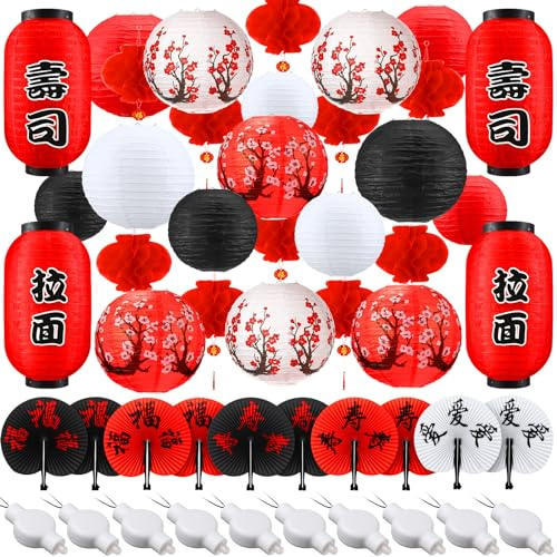 Rossesay 49 Pcs Japanese Party Lanterns Decorations Bulk with LED Lights Cherry Blossom Red Paper Lanterns for Asian Themed Party Decor Chinese New Year Fans Indoor Outdoor New Year Supplies