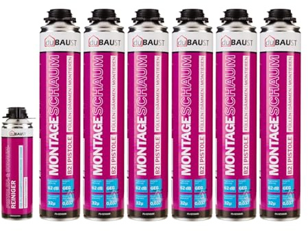 dubaust MSP24 Mousse de construction, de montage, pour pistolet, 750 ml, mousse d'insonorisation élevée, isolation thermique, isolation thermique B2 (avec nettoyant PRS24, 500 ml, 6 x 750 ml)
