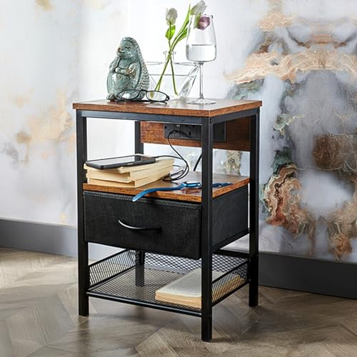 ELDA HOME Bedside Table With USB Type-C Port and USB-A Port, Single Bedside Table With Charging Station for Bedroom Furniture, Side Table and Drawers, Bedside Cabinet, and Sofa Table for Living Room