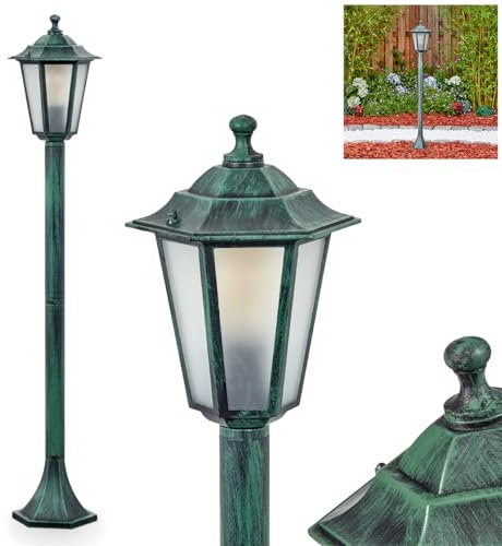 Lampada da esterni Loria, lampada da sentiero in metallo/vetro nero e verde/vetro smerigliato, dischi intercambiabili trasparenti, lampada da esterno effetto antico, altezza 99 cm, illuminazione da