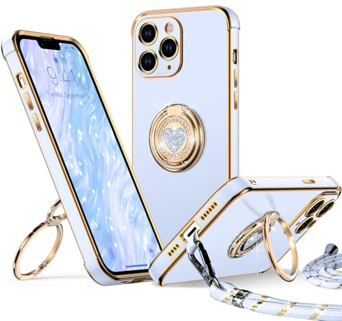 XYZ für iPhone 11 Pro Max Hülle mit Band, Blau | Herzen Doppelring Ständer HandyHülle, Frauen Mädchen Dünn Stoßfeste Case mit Handykette, Anti Kratzt SchutzHülle
