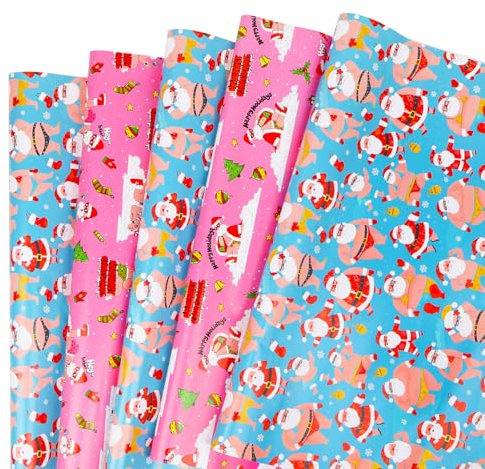 Dimetey Geschenkpapier für Weihnachten, Urlaub, 8 Bögen, lustiges Geschenkpapier mit Weihnachtsmann und Schneeflocken, für weiße Elefanten, Weihnachten, Neujahr, Urlaub, Partyzubehör, pro 50 x 70 cm