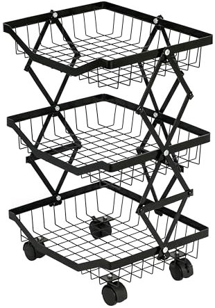 HYGRAD BUILT TO SURVIVE Black Metal Floor Standing Portable Moveable Multi-Tier Collapsible Kitchen Office Home Rack Organiser Storage Trolley With Wheels (3 Tier)