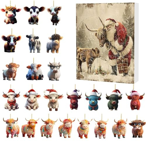 2024 Weihnachts-Adventskalender, Adventskalender zum Sammeln, 24 lustige Kuh-Set, Gedenk-Sammelzubehör, 24-Tage-Weihnachts-Countdown-Kalender für Kinder und Erwachsene (2D flach)