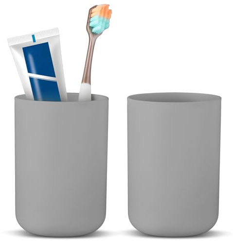 Dimeho 2 Pcs Toothbrush Holder Cup 300ml Plastic Bathroom Tooth Brushing Tumbler Mouthwash Cup for Travel Rinsing Drinking Vanity Countertop Toothpaste Wash Up Washing (Grey)