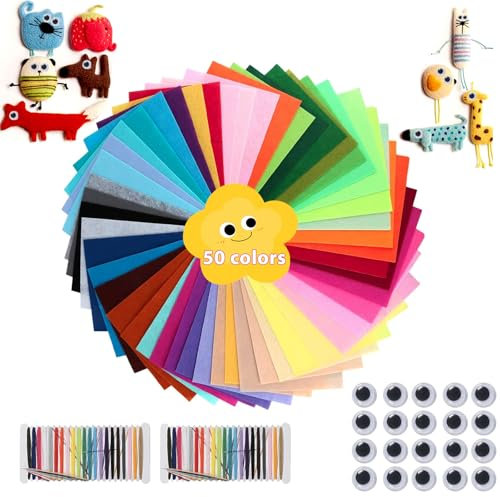 YeaHapiday filz zum basteln, 50 Farben Bastelfilz Set,Filzquadrate zum Selbermachen Filzstoff und Vliesstoff zum Basteln für Patchwork, Nähen, Bastelbogen, Handwerk Projekte,30 x 20 cm