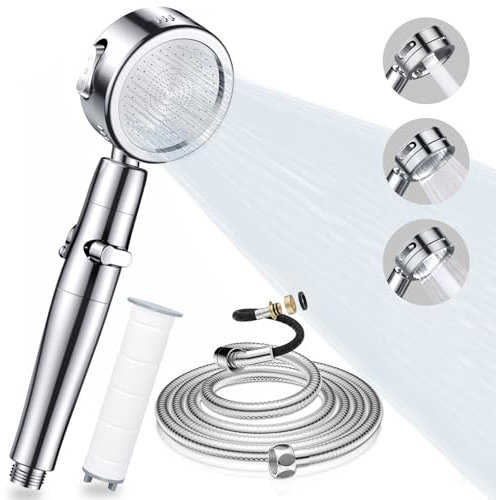 Duschkopf mit Schlauch 2M, Hochdruck Duschkopf mit Filter, Wassersparender Duschbrause mit 3 Strahlarten, Shower Head with Stoppfunktion für Hartes Wasser, Rest-Chlor, Bakterien, Schwermetall