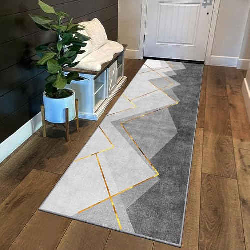 Siunwdiy Teppich Läufer Flur Küche rutschfest Waschbar Kurzflor Küchenläufer Lang Korridor Teppich Läufer Grau Gold 60x120cm Moderne geometrische Muster Küchenteppich Flurteppich Meterware Anpassbar