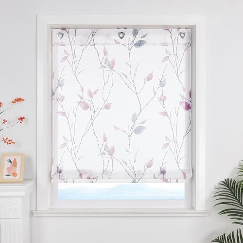ESLIR Raffrollo ohne Bohren Landhaus Gardinen Küche Transparent Raffgardinen mit Ösen Weiß Wohnzimmer Bändchenrollo mit Blattdesign Violett BxH 60x140 cm 1 Stück