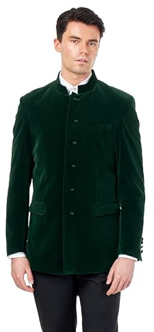 Men’s Green Velvet Smoking Nehru Jacket Classic Chinese Grandad Collar Wedding Party Blazer [BLZ-HARSHIL-Green, UK/US 48 EU 58]