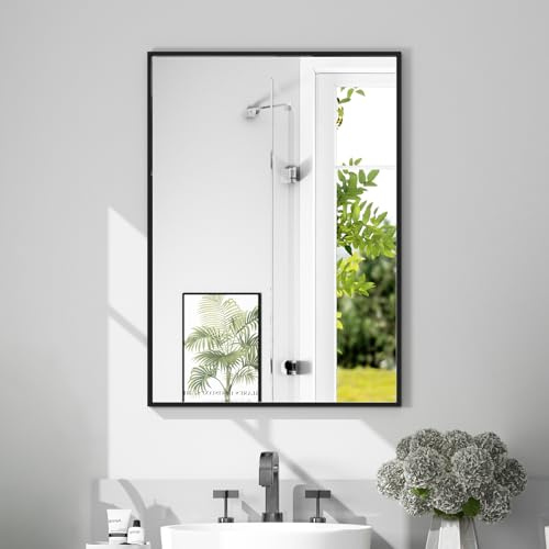 LUMIRRORS® Bathroom Mirrors 50x70cm, Rectangular Black Mirror Wall Mounted with Aluminium Frame, Horizontal or Vertical Hanging, Slim Space-Saving Vanity Mirrors for Bedroom, Living room, Home Decor