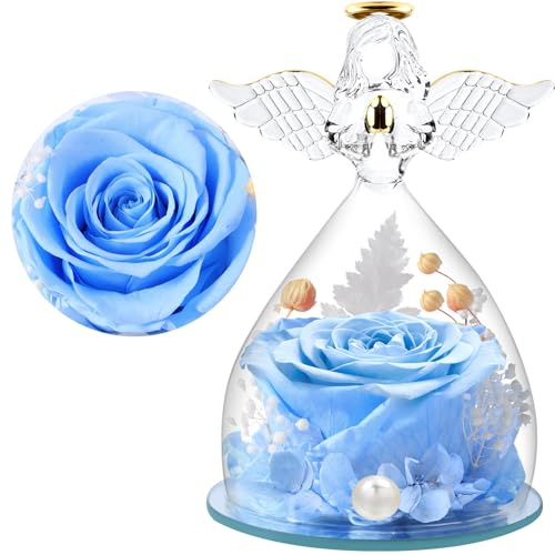 FRFG Ewige Rose Engel Geschenke für Mama, Ewige Rose im Glas Engel Figur Geschenke für Frauen Muttertag, Engel mit Rose Geburtstagsgeschenk für Frauen, Muttertagsgeschenk (Himmelblau)