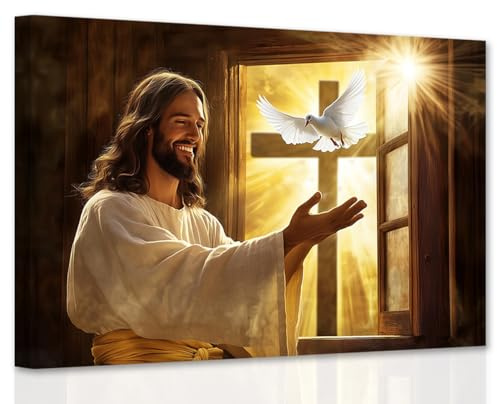CCWACPP Jesus-Wandkunst christliches Dekor religiöse Leinwanddrucke Kreuz Taube Bilder Gott Gemälde Poster Kirchendekor gerahmt (30L x 45B cm)